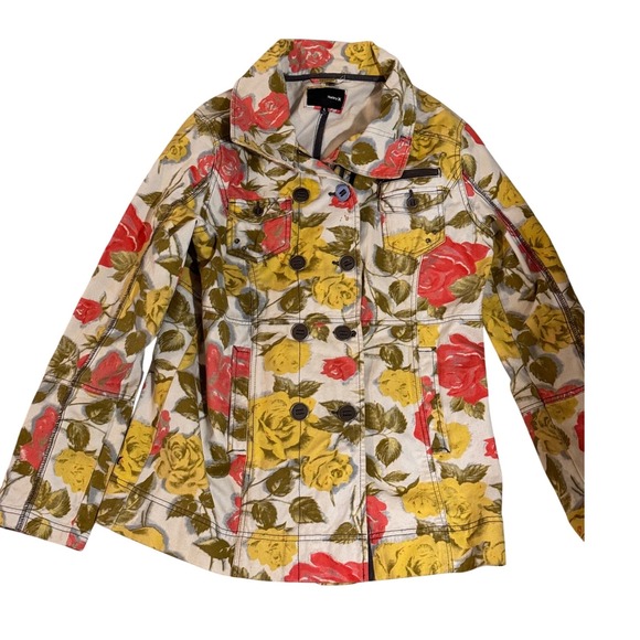 Hurley Jackets & Blazers - Hurley Womens Floral Denim Jacket Red Yellow Rose Double Breasted Utility Coat L